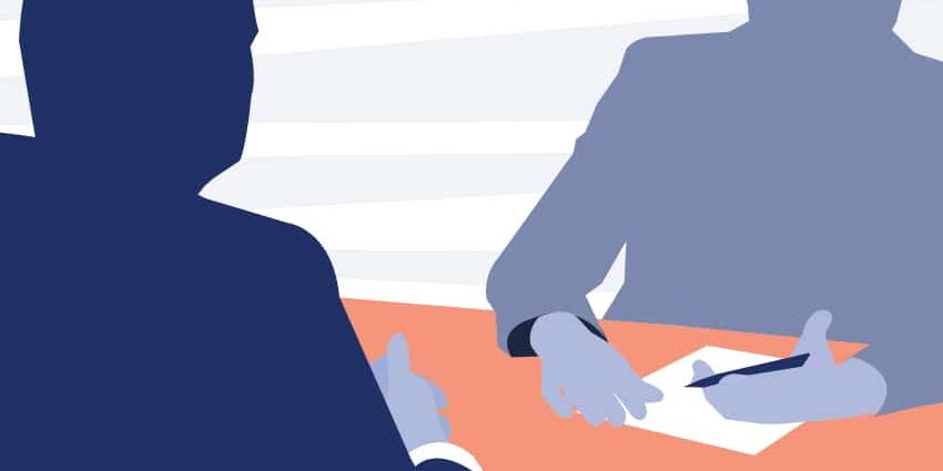 Graphic of interviewer and interviewee sitting on opposite sides of a desk