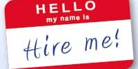 Graphic of a name bade saying "Hire me"